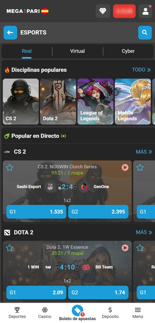 Accede al menú y elige tu disciplina favorita para apostar en esports con MegaPari.