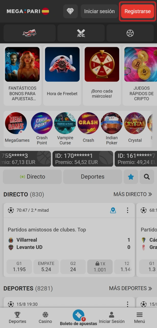 Haz clic en registrarse y crea tu cuenta para apostar en esports con MegaPari.
