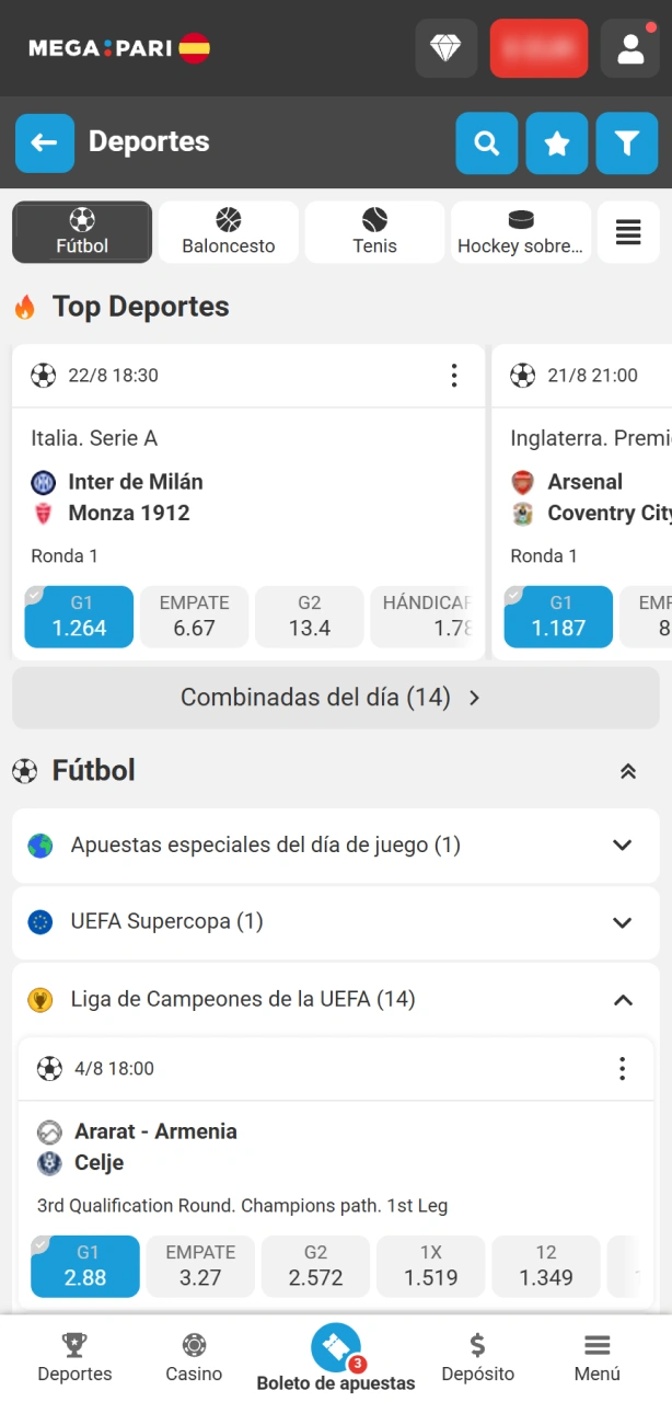 Elige el partido y mercado para completar tus apuestas de fútbol en MegaPari.