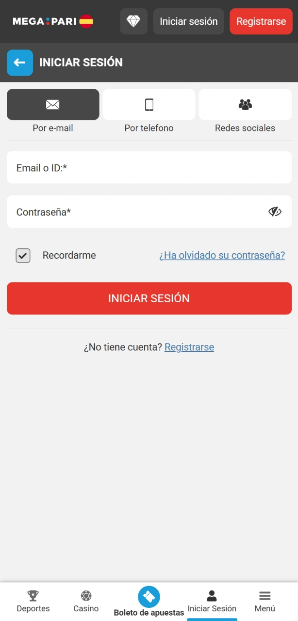 Inicia sesión en MegaPari y accede a las apuestas de fútbol.