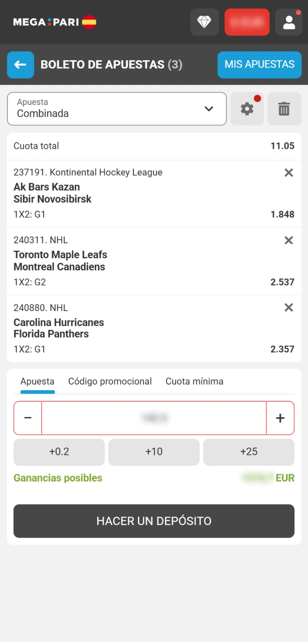 Confirma el cupón e ingresa tu importe para apostar al hockey sobre hielo en MegaPari.
