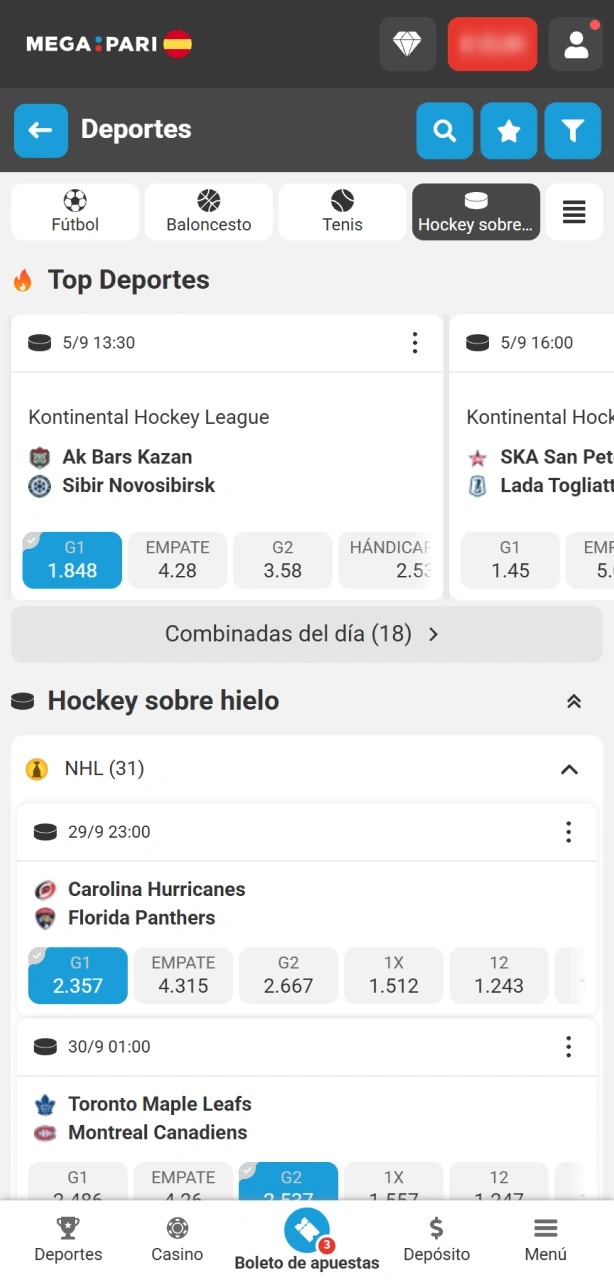 Elige el partido y mercado para tus apuestas al hockey sobre hielo en MegaPari.