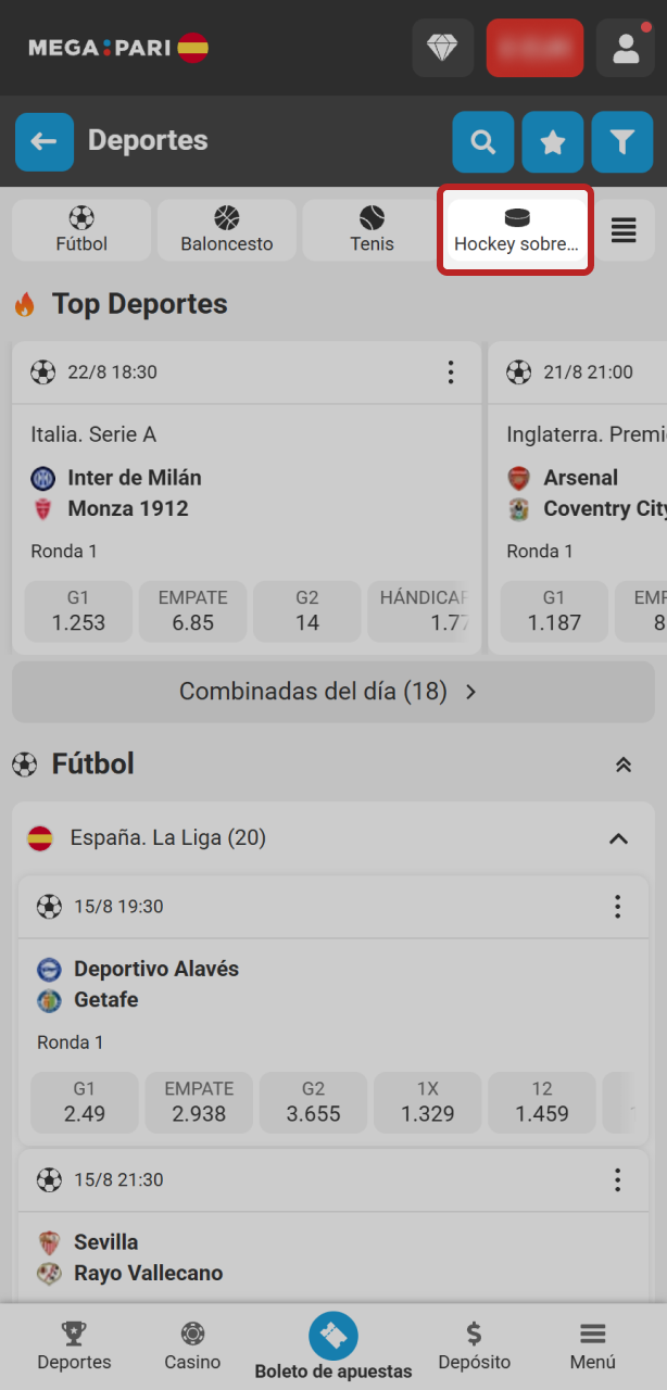 Accede a la sección deportiva para gestionar tus apuestas al hockey sobre hielo en MegaPari.