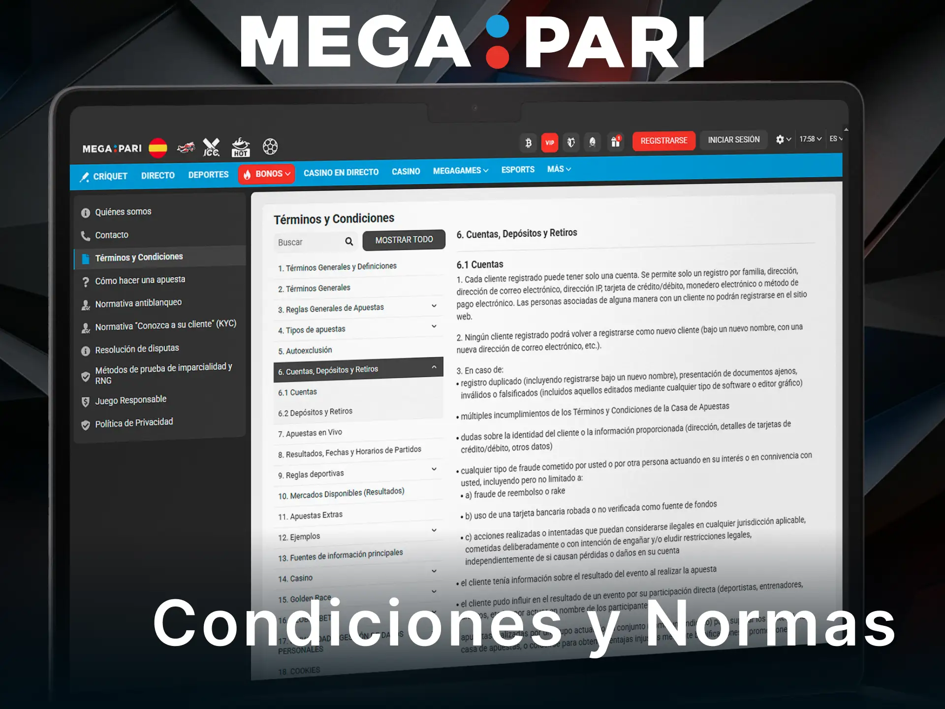 Consulta las condiciones y normas de pago vigentes en MegaPari España.