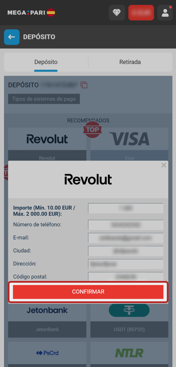 Confirma la transacción y completa tu depósito en MegaPari hoy.