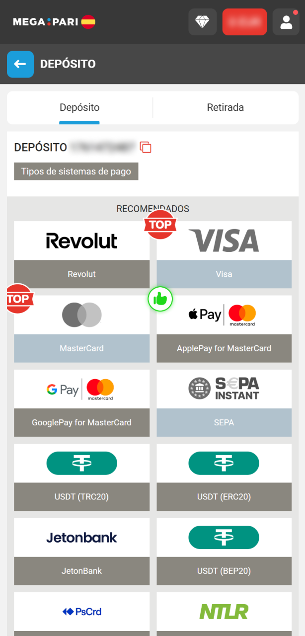 Selecciona tu método de pago preferido para depositar en MegaPari.
