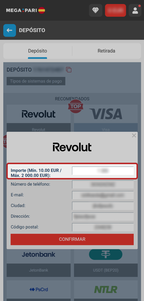 Ingresa la cantidad deseada para depositar en MegaPari.