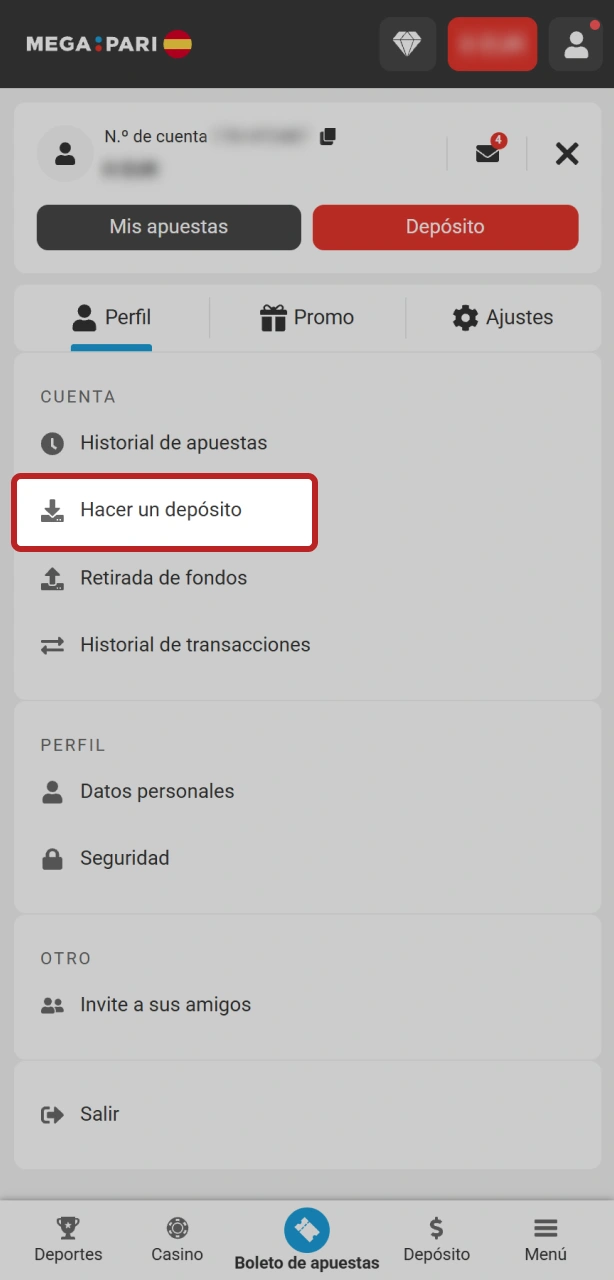 Dirígete a la sección de depósitos en MegaPari.