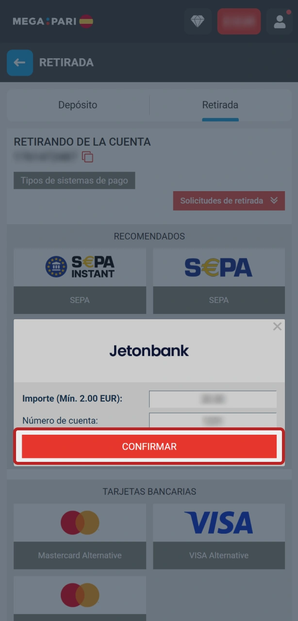 Confirma la solicitud y completa tu retiro de dinero en MegaPari.