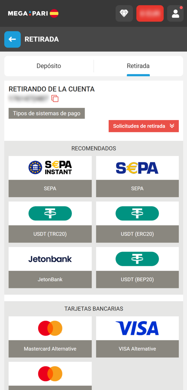 Selecciona tu método preferido para retirar dinero en MegaPari.
