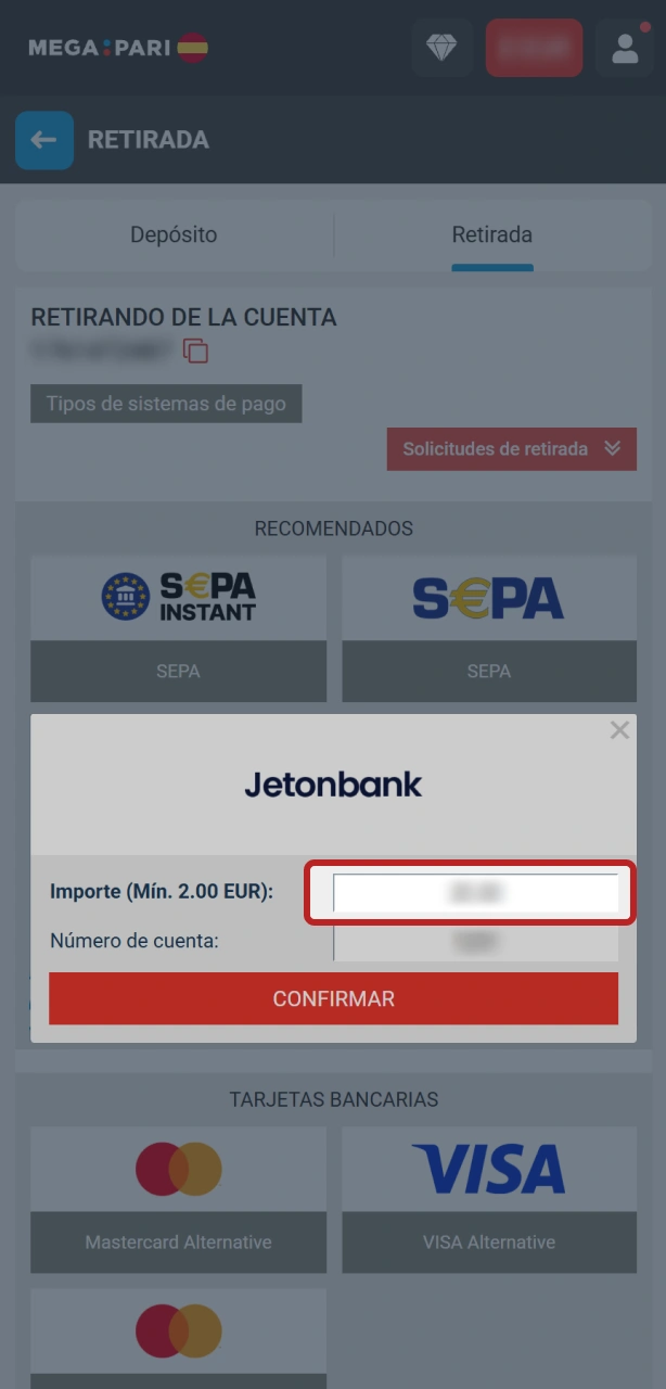 Ingresa la cantidad deseada y solicita tu retiro en MegaPari.