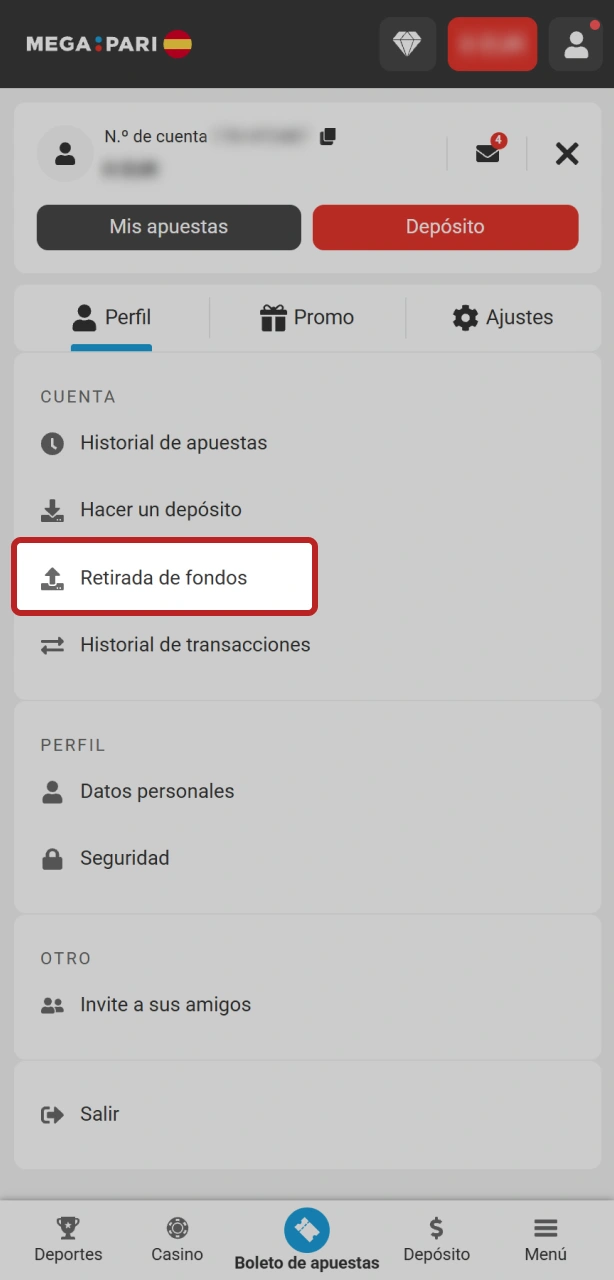 Abre el cajero y gestiona tus retiradas de dinero en MegaPari.