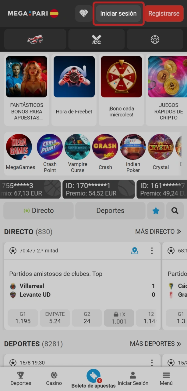 Inicia sesión en tu cuenta para retirar fondos en MegaPari.