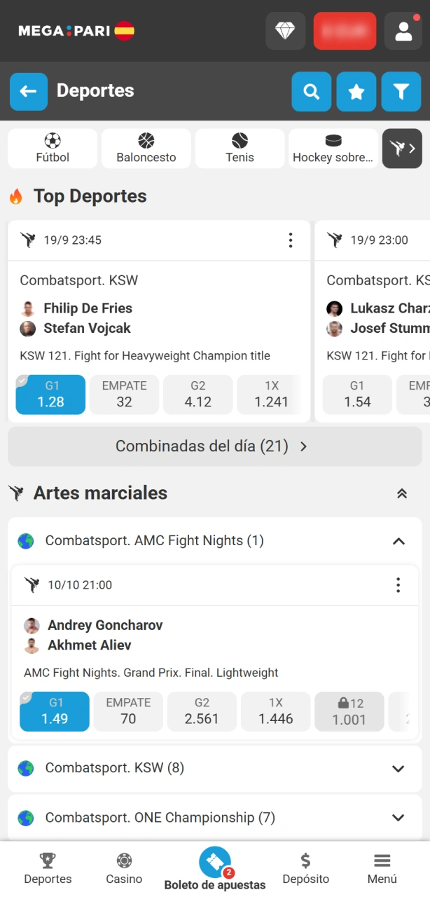 Selecciona el evento deseado para tus apuestas en MMA con MegaPari.