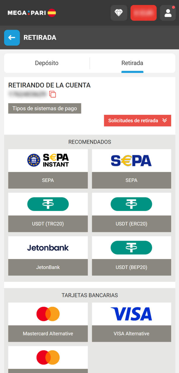 Elige la opción de retirar dinero disponible en MegaPari.