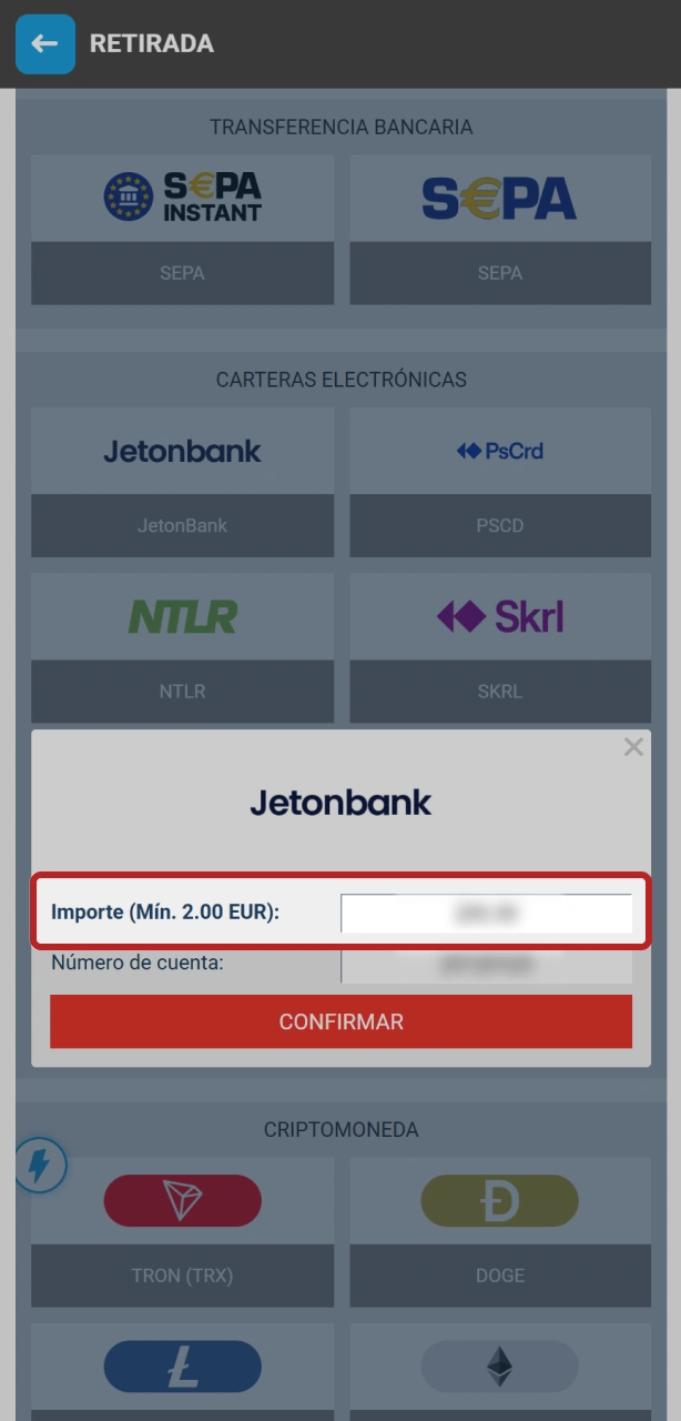 Selecciona el método e ingresa la cantidad a retirar en MegaPari.