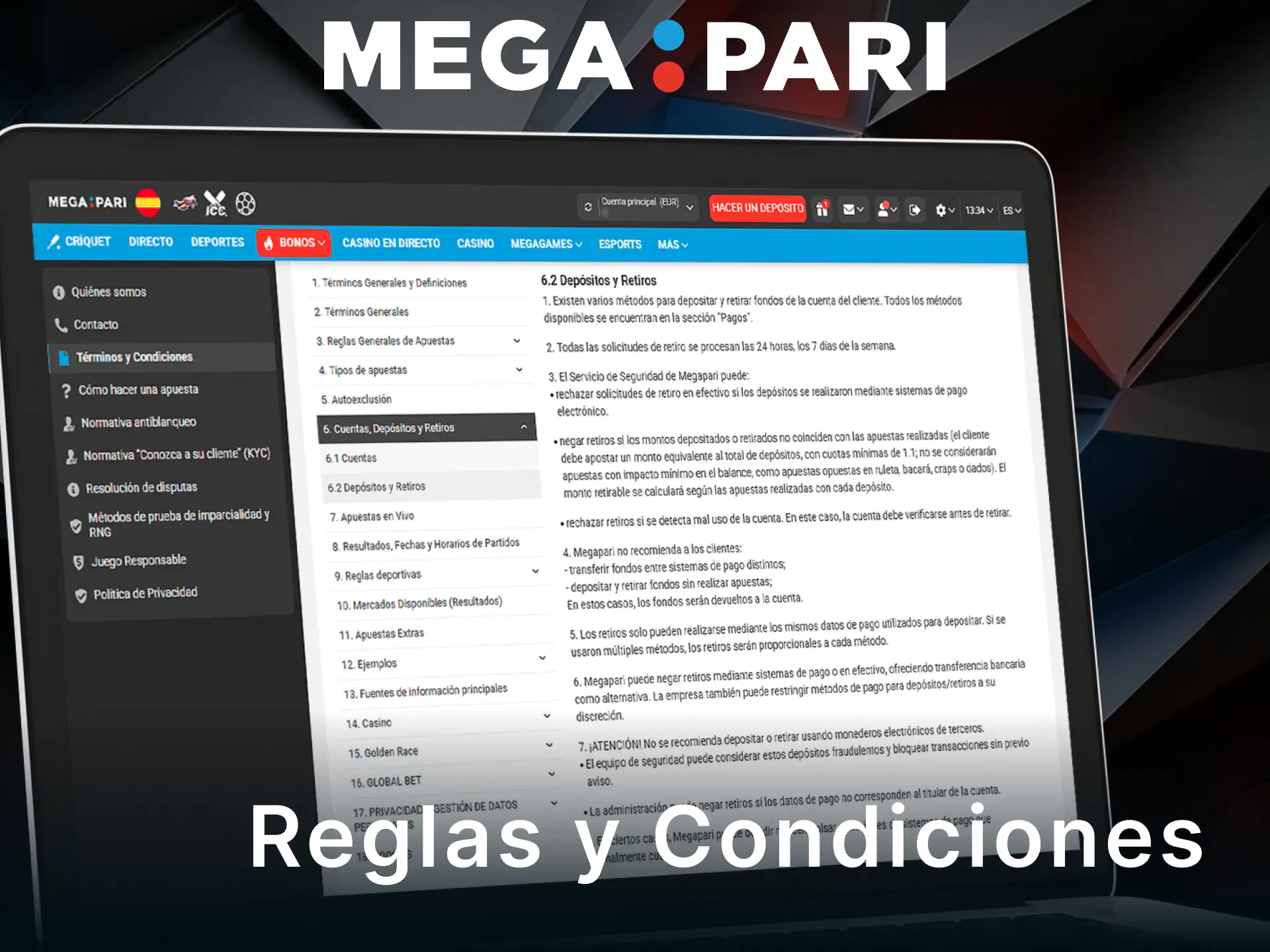 Consulta las reglas de retiro para gestionar tu saldo en MegaPari España.