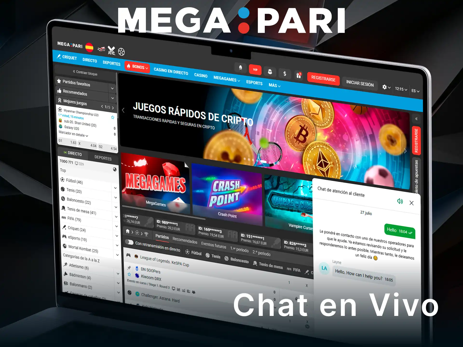 Usa el chat en vivo para recibir asistencia inmediata del soporte de MegaPari.