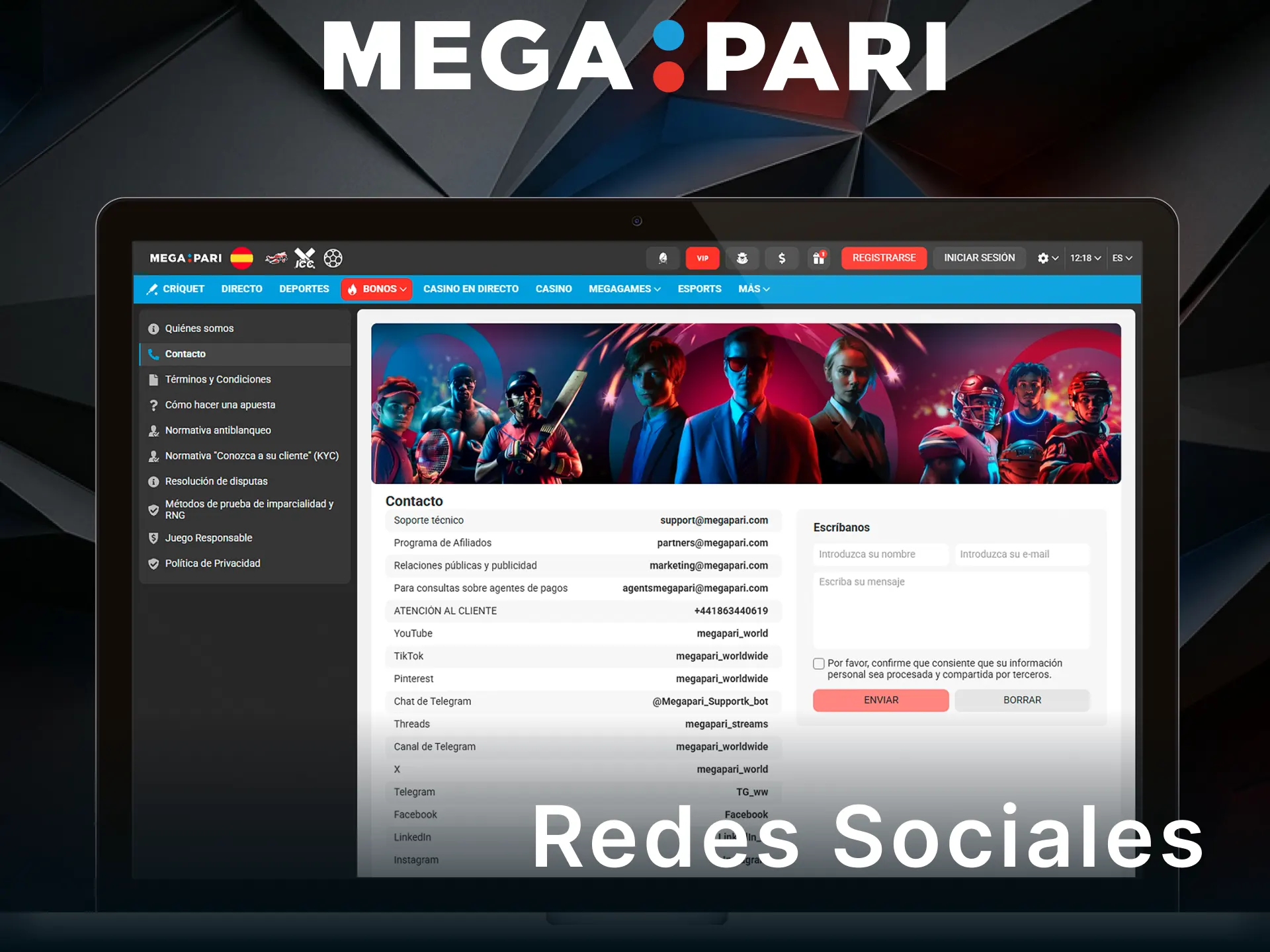 Conéctate al soporte por redes sociales y mensajería instantánea en MegaPari.