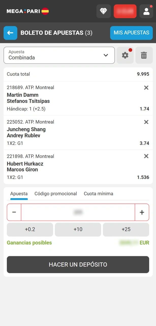Introduce el importe y confirma tus apuestas al tenis en MegaPari hoy.