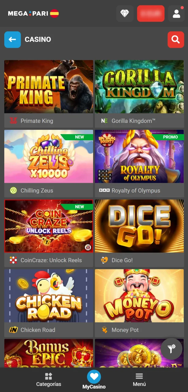 Accede al lobby de tragaperras para explorar los juegos de MegaPari.