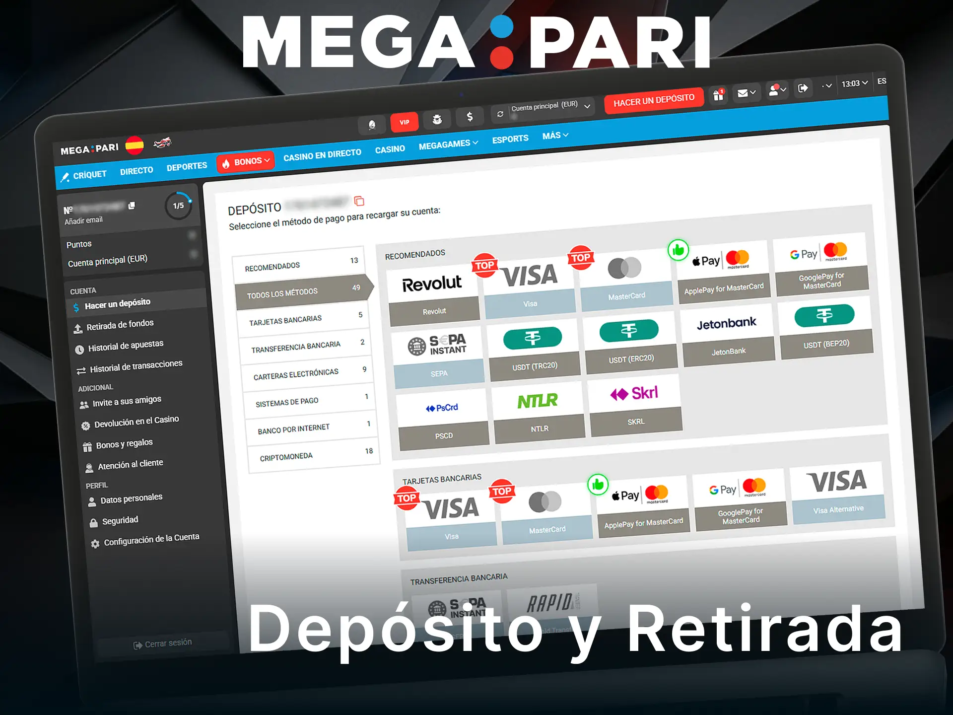 Utiliza métodos de depósito y retirada seguros al jugar tragaperras en MegaPari.